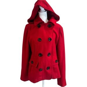 L.e.i. Red Pea Coat Black Buttons Front Pockets Detachable Hood, Size Large